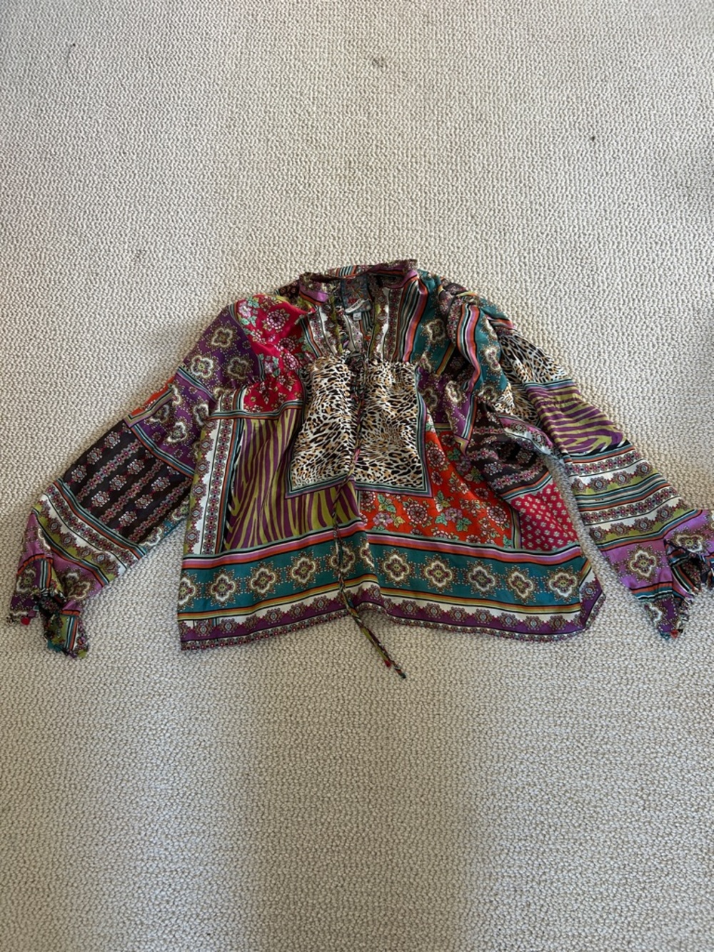 Johnny Was Boho Patchwork Print Blouse in Teal, Purple, Orange